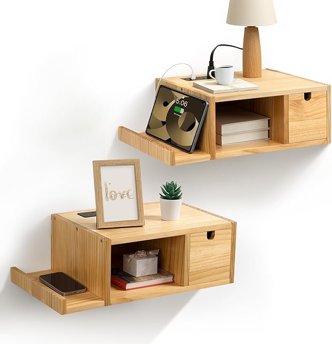 Afuly Floating Nightstand Set of 2 with Charging Station, Wall Mount Night Stands with Drawer Hanging Bedside Table End Table, Solid Wood Modern Side Table Shelf for Bedroom Natural Wooden Decor
