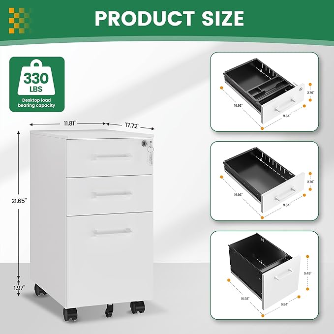 3 Drawer Slim File Cabinet, Mobile File Cabinet with Lock for Home Office, Rolling Narrow File Cabinet, Under Desk Locking Filing Cabinet on Wheels for Legal/Letter/A4 File(Unassembled,White)