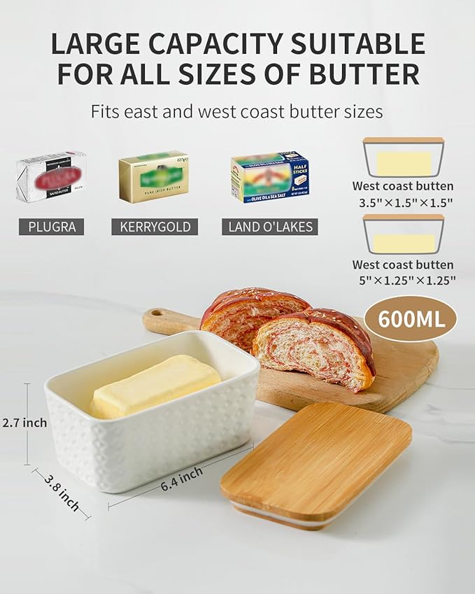 Hasense Large Butter Dish with Lid for Countertop - Farmhouse Ceramic Butter Container Holder with Cover for Fridge,Silicone Sealing,White Embossed Pattern,Holds Two Sticks of Butter