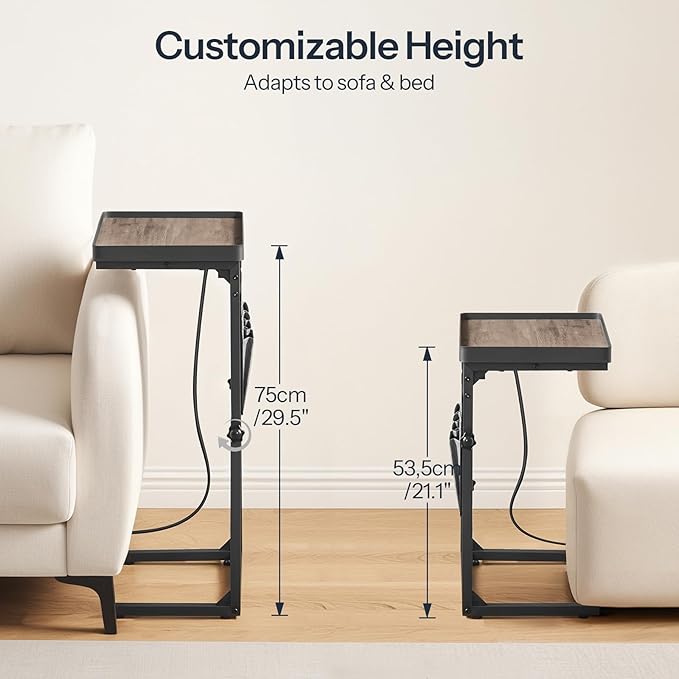 HOOBRO C-Shaped End Table with Charging Station, 29.5” Adjustable Height Side Table with Storage Pocket, Sofa Tray Table Slide Under Couch, for Living Room, Bedroom, Greige and Black BG78USF01
