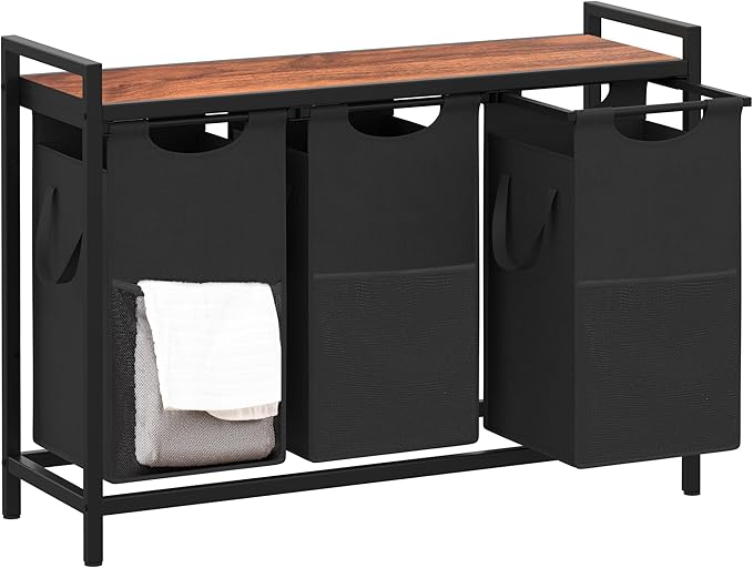 Heybly Laundry Hampers, 3 × 12.5 Gal Laundry Basket with Large Desktop Sorter for Laundry Room organization, Bathroom and Dorm Laundry Bags on Storage Shelf, Walnut HLH003WB