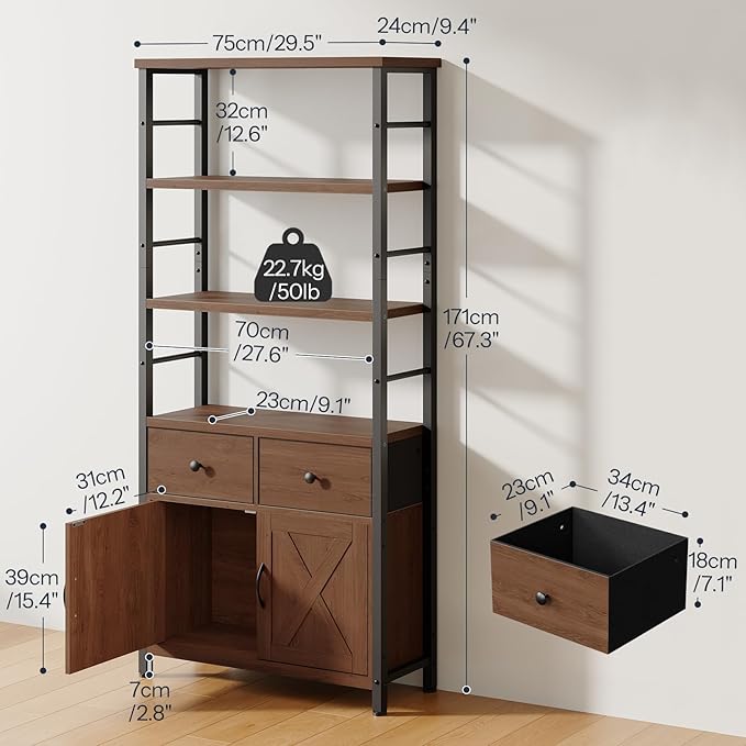 HOOBRO Bookshelf with Doors, Rustic Bookshelf with Drawers, Industrial Display Standing Shelf Units, Wooden and Metal Storage Shelf for Living Room, Home Office, Dining Room, Walnut and Black BH75SJ01