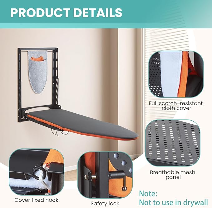 Wall Mounted Ironing Board with Iron Holder, 36 X 13 Compact Mount Foldable Ironing Board for Small Spaces, Space Saving with Cotton Fabric Cover and Silicone Iron Rest