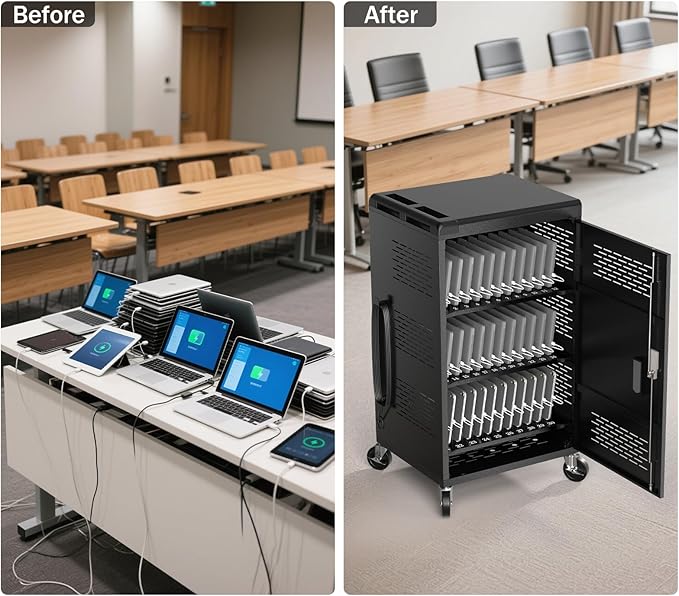 36 Bay Intelli-Sense Charging Cart for Chromebook, Tablets and Laptop, Classroom Locking Charging Station with Keypad Lock and Charger Storage for School, Classroom, Library, Office and More