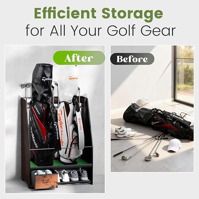 Golf Bag Organizer Rack – Large Wooden Golf Storage for 2 Bags, Clubs & Accessories with Dustproof Drawer, Sports Equipment Rack for Garage, Practice Room, Home or Office (Black)
