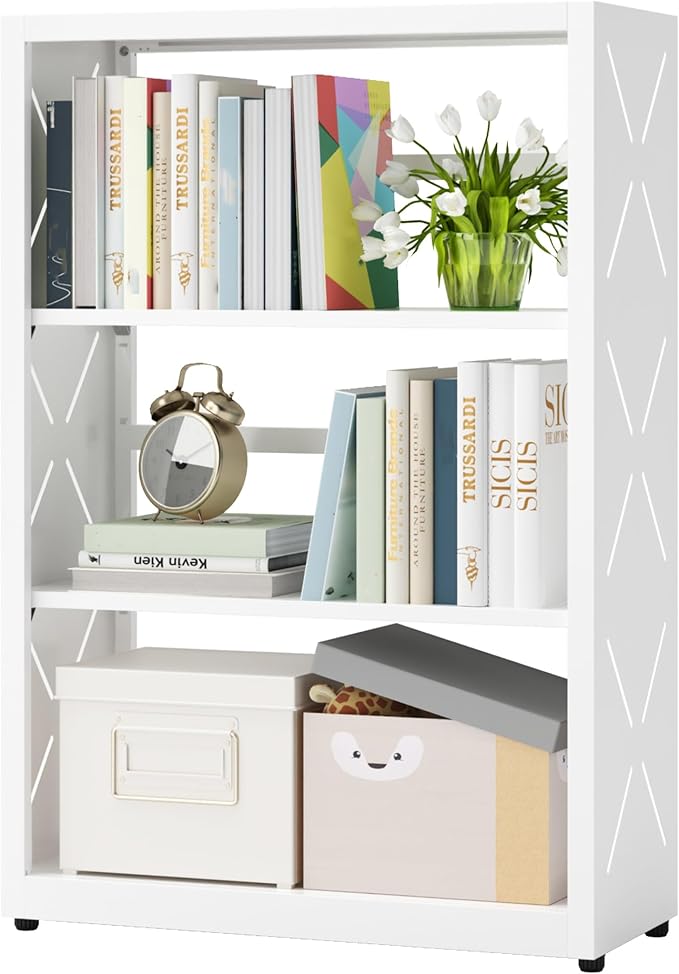 3 Tier Bookcase,Industrial Bookshelf,34" White Metal Small Bookshelf with Adjustable Feet and Adjustable Shelves,Home Office Bookcase Shelf Storage Organizer for Living Room Kitchen