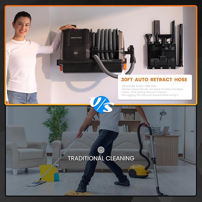 Giraffe Tools Grandstorm Retractable Vacuum Cleaner Wall-Mounted, Shop Wet Dry Vacuum Cleaner with 6 Nozzles for Car Detailing Remote Control Garage Vacuum, Grey