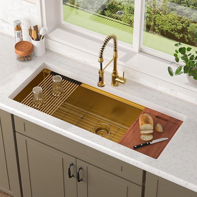 Lordear Luxury 45 Inch Kitchen SInk Gold Undermount Kitchen Sink Large Ledge Workstation 16 Gauge Stainless Steel Single Bowl Under Counter Gold Kitchen Sink with Built-in Accessories 45''x19''x10''