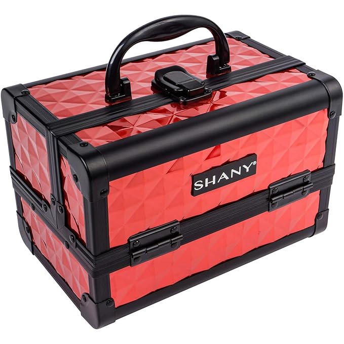 SHANY Chic Makeup Train Case Cosmetic Box Portable Makeup Case Cosmetics Beauty Organizer Jewelry storage with Locks, Multi trays Makeup Storage Box with Makeup Mirror - Ruby Red