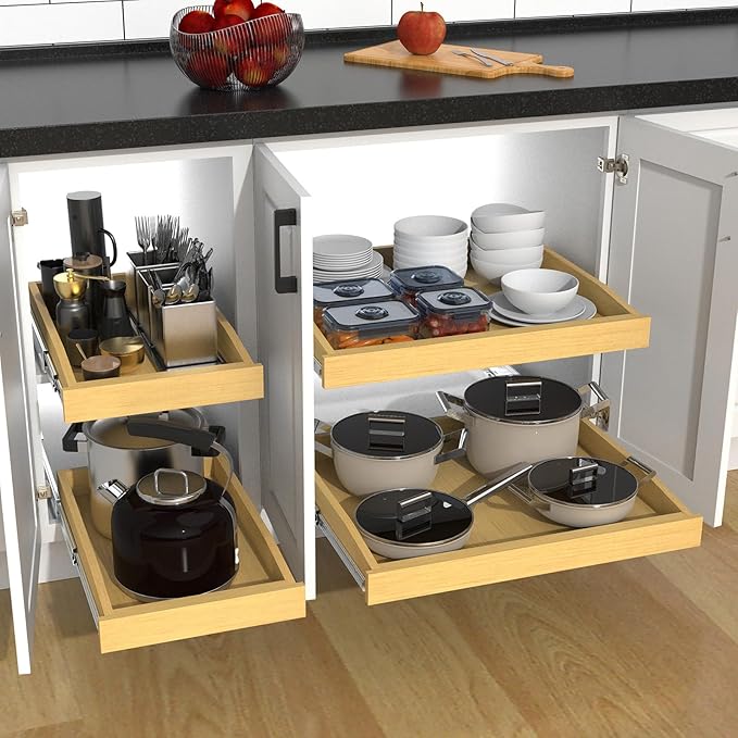 Wooden Pull out Cabinet Organizer 11" W x 21" D x 3.35" H, Heavy Duty Slide Out Drawers Pull-Out Home Organizers for Kitchen Cabinets