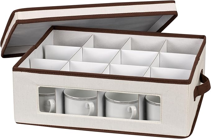 Household Essentials 538 Vision China Storage Box for Tea Cups and Mugs with Lid and Handles | Natural Canvas with Brown Trim
