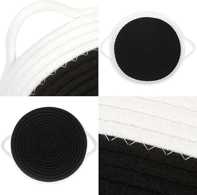 Sea Team 2-Pack Cotton Rope Baskets, 10 x 3 Inches Small Woven Storage Basket, Fabric Tray, Bowl, Round Open Dish for Fruits, Jewelry, Keys, Sewing Kits (Black & White)