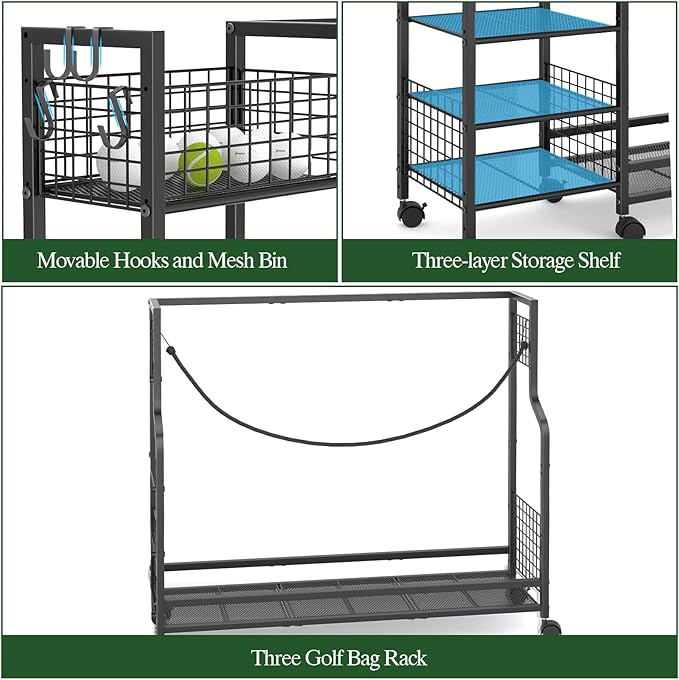 Golf Bag Storage Rack for Garage with Wheels, Organizer for Golf Bag and Equipment Accessories, Golf Organizer Stand Ideal for Home, Garage, Club, Shed, Basement - Sturdy and Durable (Black)