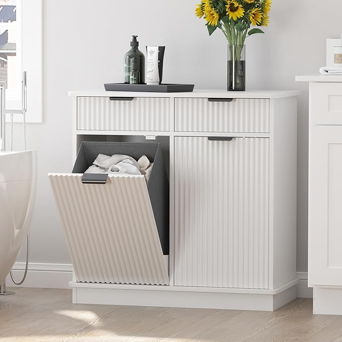 White Double Tilt Out Laundry Hamper Cabinet Laundry Basket Cabinet Hidden Laundry Hamper with 2 Drawers & 2 Baskets for Bathroom Bedroom,30x30x16in