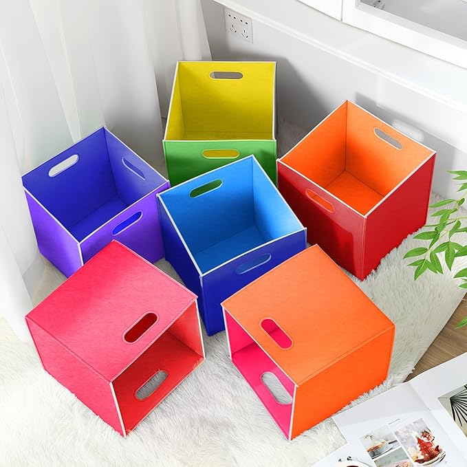 6 Pcs 11 Inch Colorful Felt Storage Cubes with Handle, Collapsible Fabric Storage Cubes Toy Bins Foldable Baskets for Nursery, Playroom, Kids Room, Toys, Books, Clothes(Rainbow)
