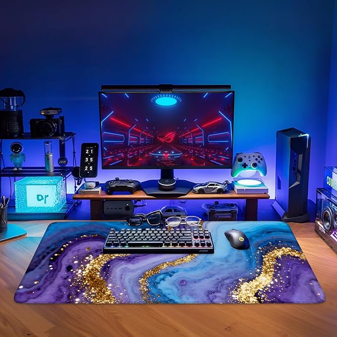 Blue and Gold Stripes Gaming Mouse Pad 35.4"x15.7"Desk Mat Anti-Slip Rubber Base & Durable Stitched Edges for Gamers Smooth Mouse Writing Surface for Desk Office/Home