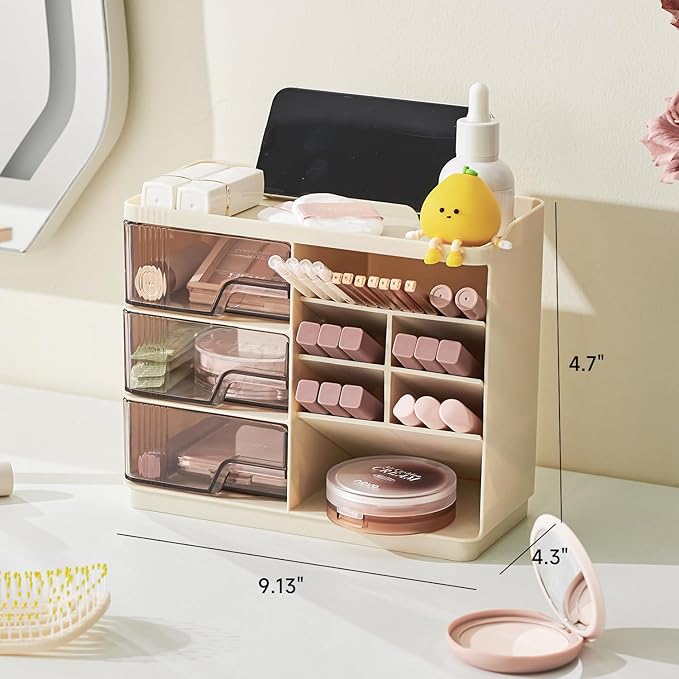 Makeup Organizer Countertop with 3 Drawers, Multi-Function Desktop Vanity Organizer for Skincare Makeup Brush Lipstick, Bathroom Counter Organizer, Cream White