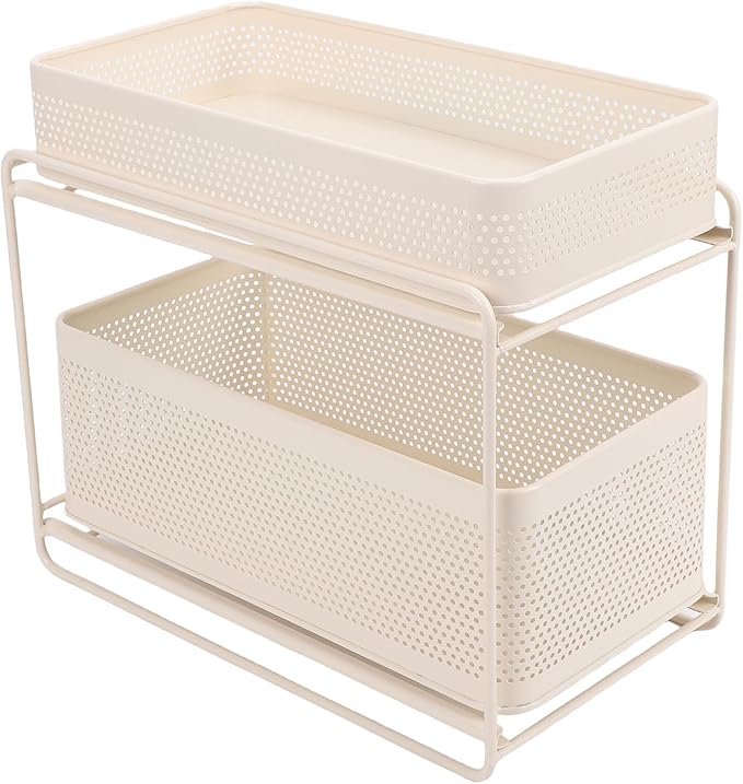 Slide Out Under Sink Organizer, 2 Tier Steel Sink Shelf Cabinet Storage Seasoning Organizer Rack with Guardrails for Kitchen Bathroom Laundry Room Office School