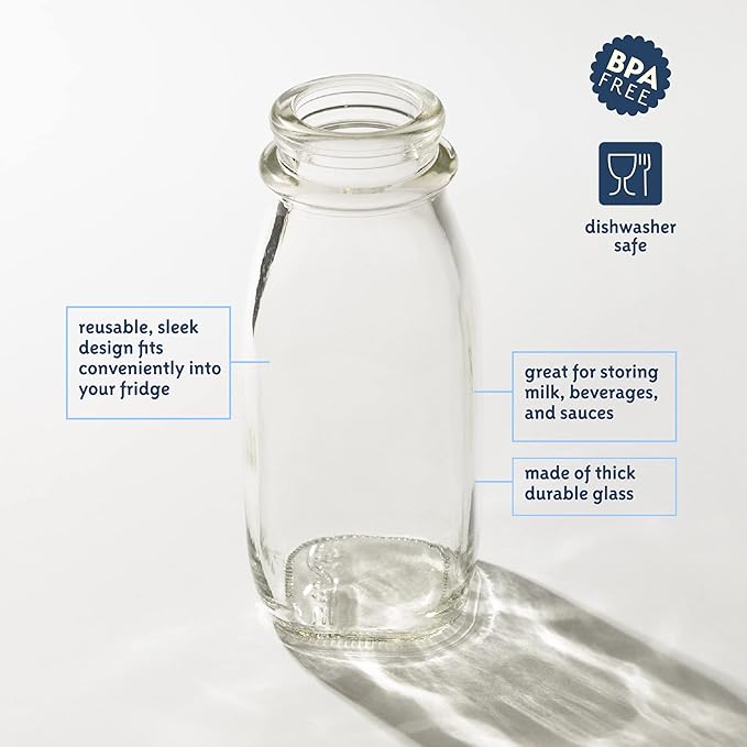 kitchentoolz Glass Creamer Bottle 12 Oz Square Glass Milk Bottle with Lids- Perfect Milk Container for Refrigerator - 12 Ounce Milk Bottle with Lid and Pour Spout