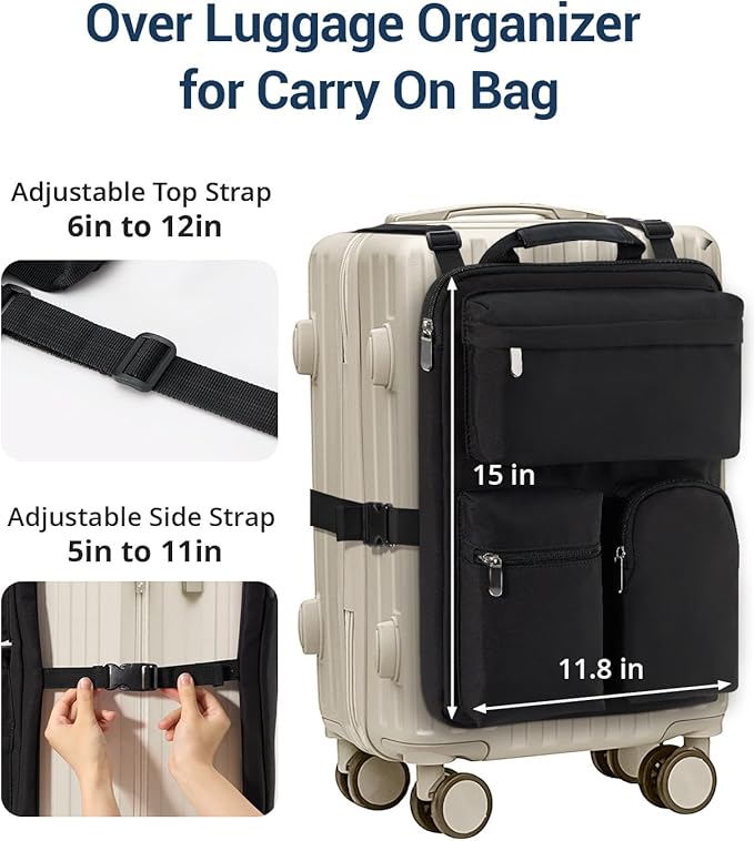 Over Luggage Organizer Bag for Suitcase with Multi Pockets, 16” Laptop Bag with Handle, Portable Travel Organizer Bags for Luggage with Adjustable Straps, Tote Carry Bag for Men Women(Black)