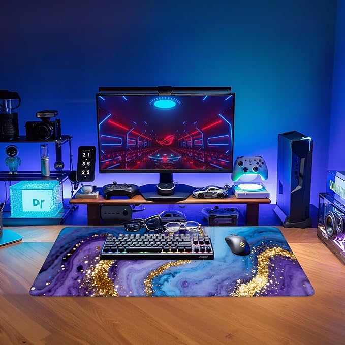 Blue and Gold Stripes Gaming Mouse Pad 31.5"x11.8"Desk Mat Anti-Slip Rubber Base & Durable Stitched Edges for Gamers Smooth Mouse Writing Surface for Desk Office/Home