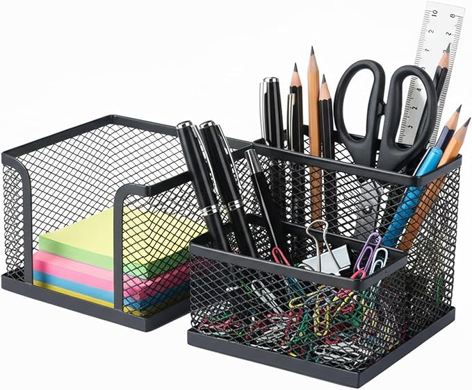 Pencil Holder for Desk, Dual-Compartment Mesh Desk Organizer Set, 2-Piece Set Black Pen Storage Holder & Post It Organizer for Home Office Desk Supplies