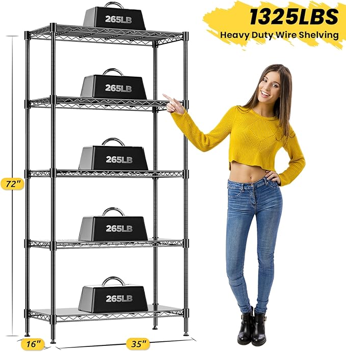 72" H Storage Shelves 5 Tier Wire Shelving with Shelf Liners, Adjustable Metal Garage Shelving, 1325LBS Heavy Duty Commercial Storage Rack for Pantry Kitchen, 35" W x 16" D x 72" H, Black