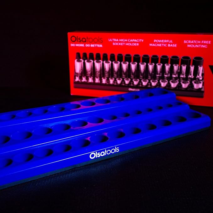 Olsa Tools Magnetic Socket Organizer (3/8-Inch Drive, 3-Row) - Magnetic Tool Organizer & Socket Holder - Tool Box Socket Organizers - Blue Blank - Holds 54 Sockets - Professional Grade - Part: 1683