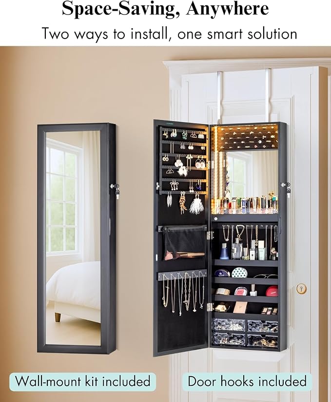 LUXFURNI 79 LED Lights Mirror Jewelry Cabinet, Wall Mounted/Door-Hanging Mirror with Storage, Lockable Jewelry Mirror Organizer, Black