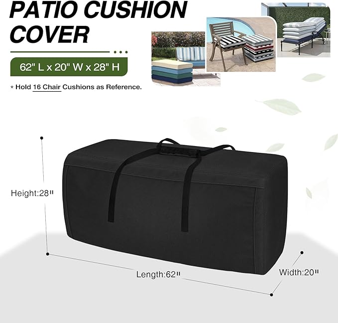 Porch Shield Outdoor Cushion Storage Bag 62 inch Waterproof Outside Storage Bags for Patio Furniture with Zippers and Handles Black