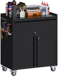 Aobabo Metal Cabinet on Wheels, Metal Garage Cabinet with 1 Drawer and 4 Hooks, Small Rolling Tool Storage with Pegboard and Handle, Assembly Required, Black