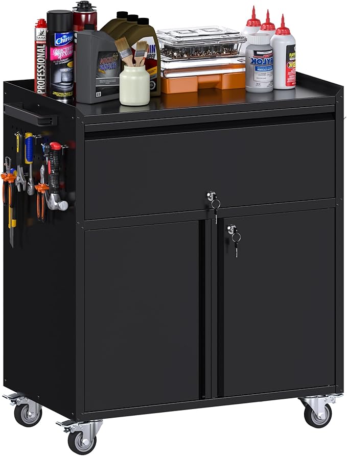 Aobabo Metal Cabinet on Wheels, Metal Garage Cabinet with 1 Drawer and 4 Hooks, Small Rolling Tool Storage with Pegboard and Handle, Assembly Required, Black