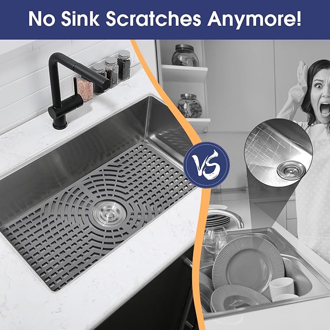 Silicone Sink Protector 26"x14" Center Drain Hole, Heat Resistant Non-slip Dishwasher Suitable, Large Mat for Bottom of Farmhouse Kitchen Stainless Steel Sink(Grey)