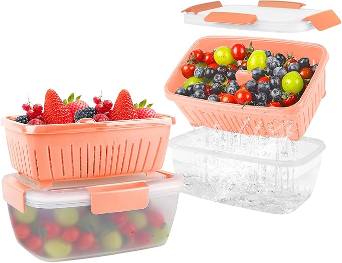 68oz Berry Keeper Fruit Storage Container for Fridge, Fresh Food Produce Saver Containers with Removable Drain Colanders, Vegetable Lettuce Keeper Bowl, Refrigerator Organizer, PRESS TO OPEN CLOSE LID