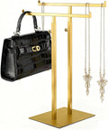 Purse Display Stand Jewelry Towers, Double T-Shaped Tabletop Stainless Steel Hook Hanging Adjustable Height Handbag Holder for Organizer Luxury Bags Necklaces Home Store Boutique Retail Closet