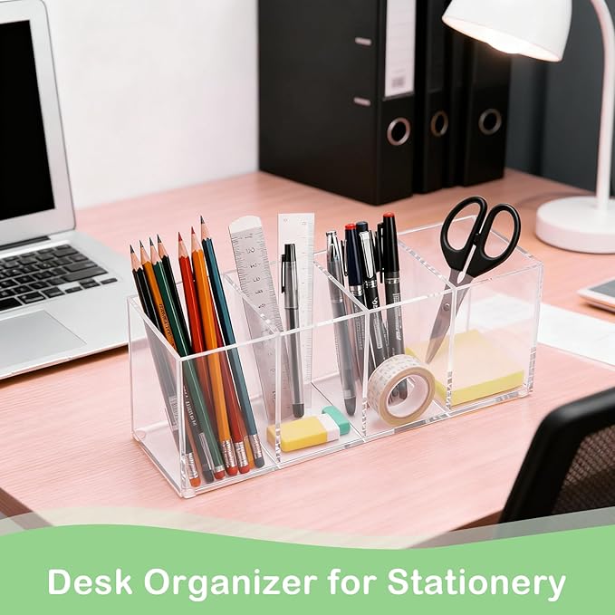 Clear Acrylic 4-Compartment Organizer Box, Large (8.7" × 3.0" × 3.7") – Handcrafted, Eco-Friendly, Minimal Packaging Home Storage Organizer