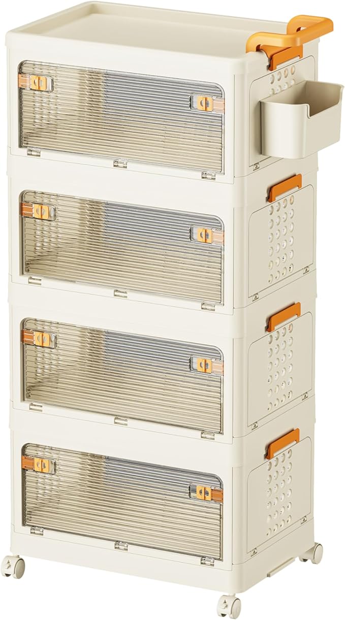 58 QT Storage Bins with Lids, Stackable Rolling Storage Cart with Clear Doors, 4 Tier Storage Cart on Wheels, Plastic Storage Containers for Home, Office, Kitchen, Bedroom, White