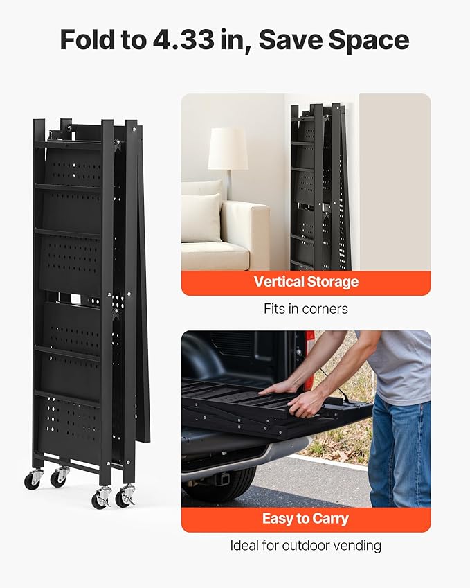 VEVOR 3-Tier Foldable Storage Shelf, 30W x 13D x 36H Inch Folding Metal Rack Shelving Unit, No Assembly Organizer Shelf with 5 Wheels & 4 Hooks for Pantry, Kitchen, Garage, Basement, Black