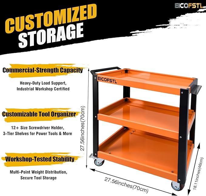 Stainless Steel Tool Cart, Heavy-Duty 3-Tier Alloy Steel Utility Cart with Screwdriver Holder & 4 Wheels (2 Locking Casters), 500LB Capacity for Garage, Workshop Tool Storage