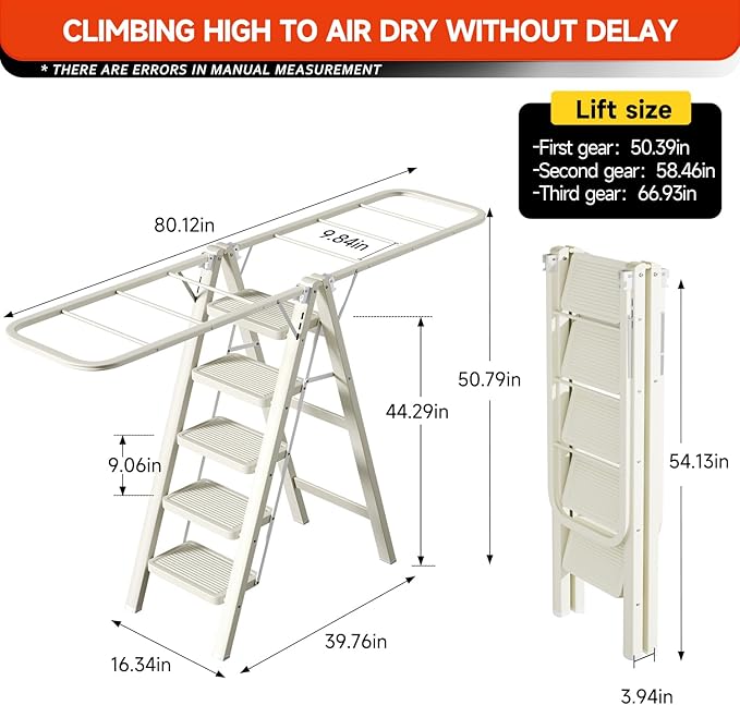 Multi-Functional 5 Step Ladder Used as Clothes Drying Rack,Sturdy Carbon Steel Ladder,Widened Pedal,Foldable & Portable Clothes Drying Rack, Space-Saving Design Indoor&Outdoor Drying (White)