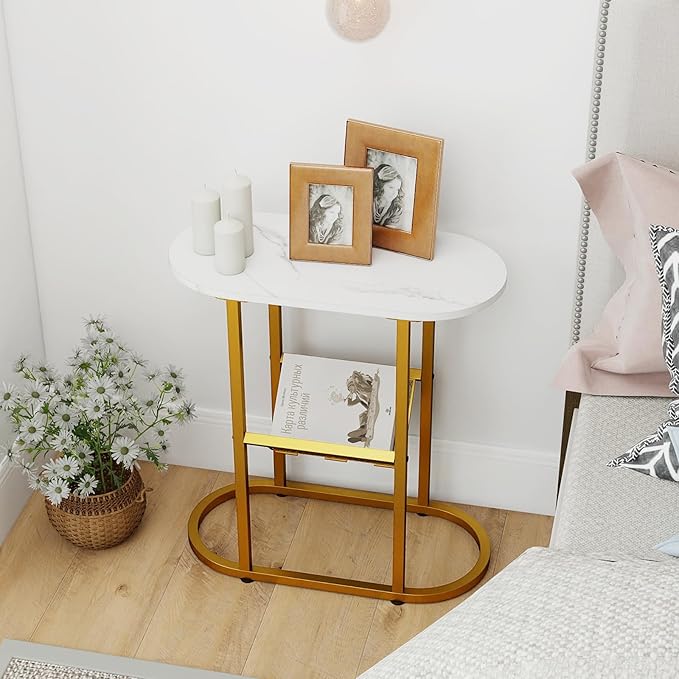 Tangkula Oval Narrow Side Table, 2-Tier End Table with Mesh Magazine Rack, Steel Frame, Industrial Nightstand, Compact Sofa Bedside Table for Living Room Bedroom, White & Gold