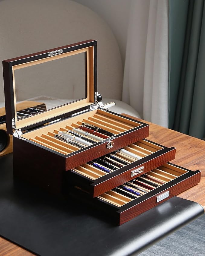 Wood Pen Display case 36 Slot Fountain Pen Box Storage Organizer with Drawer, Top Glass Window Pen Collection Display Case