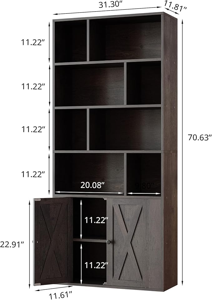 IRONCK Bookcase with Doors, Tall Bookshelf with Storage, Bookshelves and Bookcases with 8 Open Cubes for Living Room, Bedroom, Office