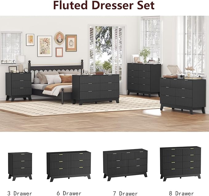 Fluted Dresser for Bedroom,8 Drawer Dresser for Closet,Storage Cabinet and Chest of Drawers with Gold Handle,TV Stand,Storage Organizer for Living Room,Hallway,Entryway,Black