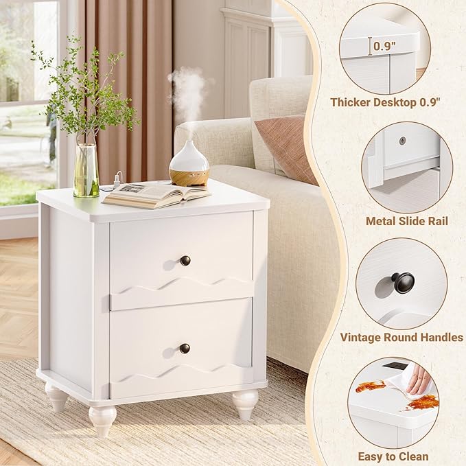 Cyclysio Nightstand with Charging Station, Side End Table with 2 Drawers, Modern Wood Night Stand with Scalloped Pattern for Bedroom, Bedside Night Tables with Solid Wood Gourd Legs