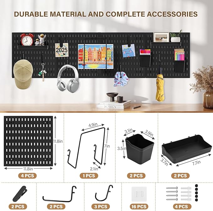 AKTOP Peg Board Wall Organizer 4-Pack – 12"x12" Black Pegboard Combination Kit with 13 Accessories for Wall, Plastic Peg Board Panels for Home, Office, Garage Tool Storage & Craft Room