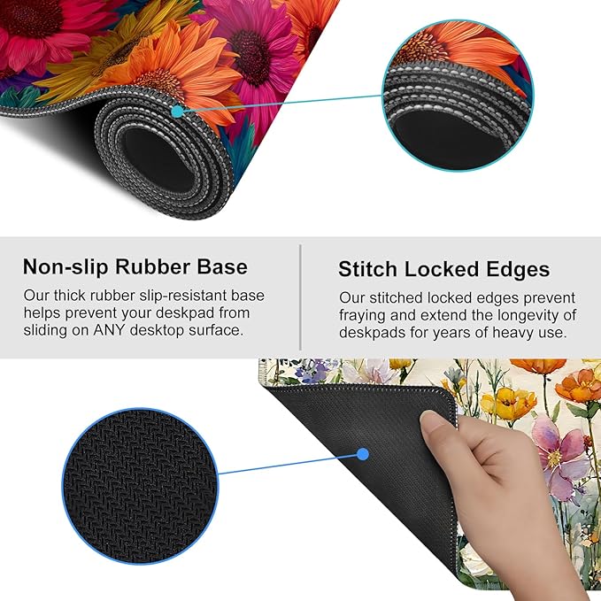 Colorful Floral Mouse Pad – Large Extended Desk Mat 35.43 x 15.75 in – Bright Rainbow Sunflower Design, Non-Slip Rubber Base, Waterproof Surface, Oversized Keyboard & Mouse Pad for Office or Gaming
