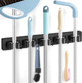 Black Broom Holder Wall Mount - Heavy Duty Wood Mop and Broom Organizer with 5 Slots & 4 Hooks - Sturdy Garden Tool Hanger for Laundry Room Closet Kitchen Garage Storage and Organization