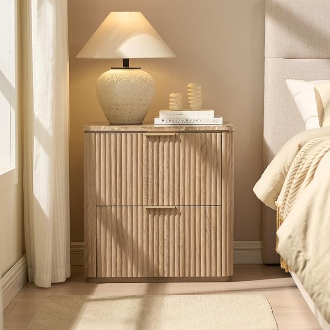 Fluted Nightstand with 2 Drawers, Bedside Table with Faux Marble-Top, Engineered Wood End Table with Curved Corners, Metal Handle, Modern Night Stand for Bedroom, Small Spaces, Natural Oak