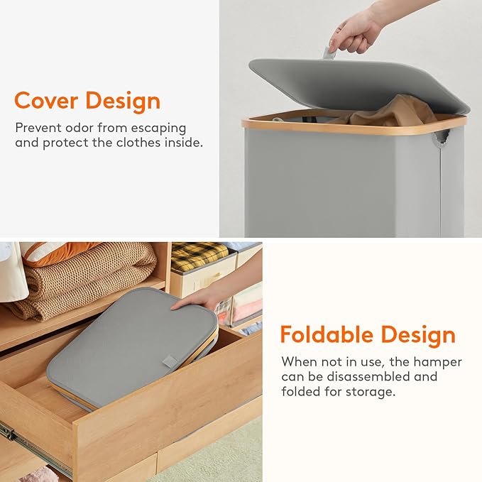 Lifewit 100L Laundry Basket with Lid, Clothes Hampers for Laundry with Bamboo Handles and A Removable Laundry Bag, Large Foldable Hamper for Bedroom, Bathroom, Dorm, Laundry Room, Silver Grey
